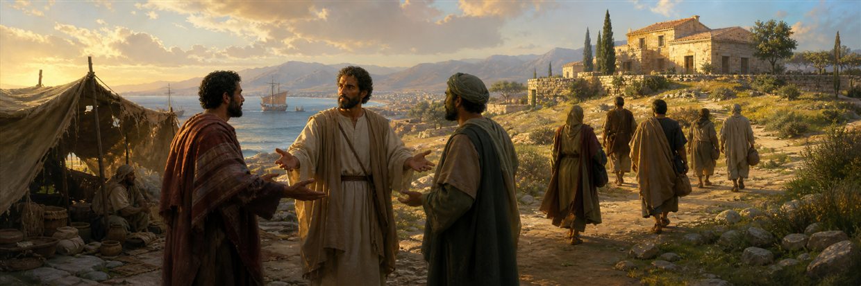 Travelers walking from a worn tent toward a solid home while an ambassador reconciles two men